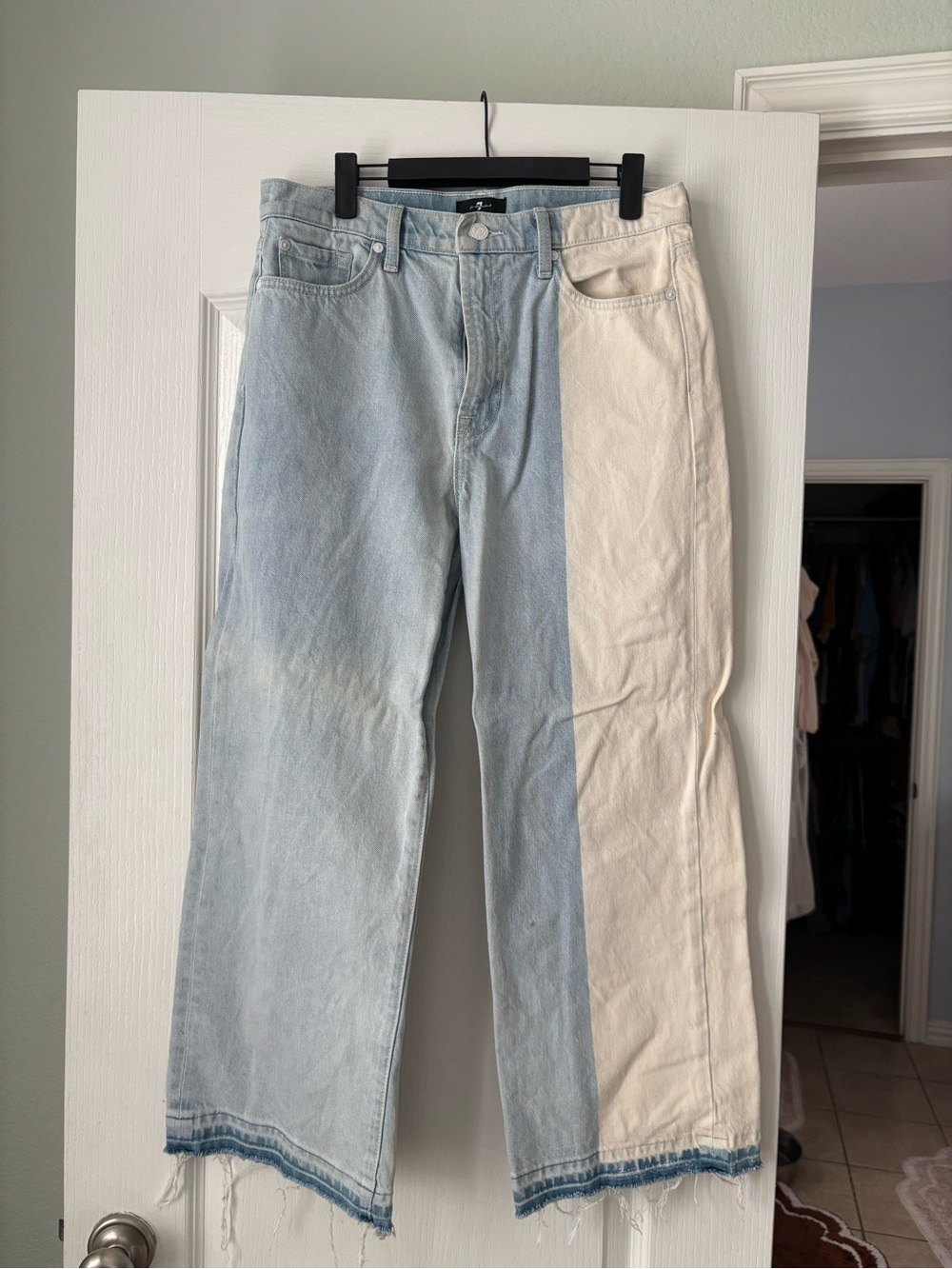 7 For All Mankind Two-Tone Light Blue and White Relaxed Jeans